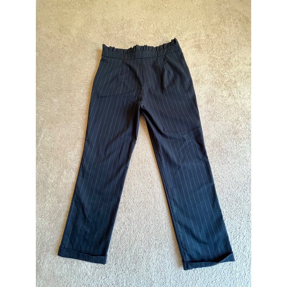 MNG Casual Womens Navy Pinstripe Pants Ruffled Waist Eyelets EUR 40 / USA 8 / M - Picture 11 of 16